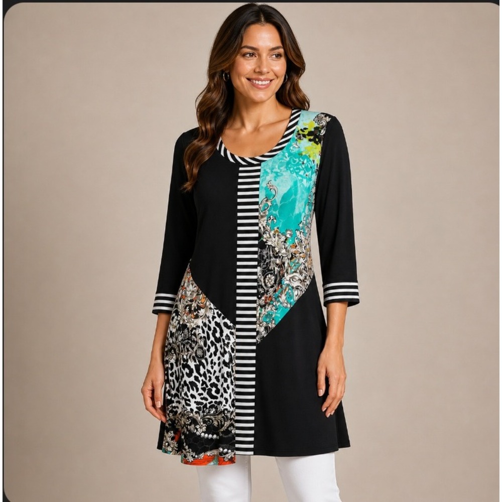 Frank Lyman Tunic Top Womens 6 Abstract Patchwork Stretch Asymmetrical Black